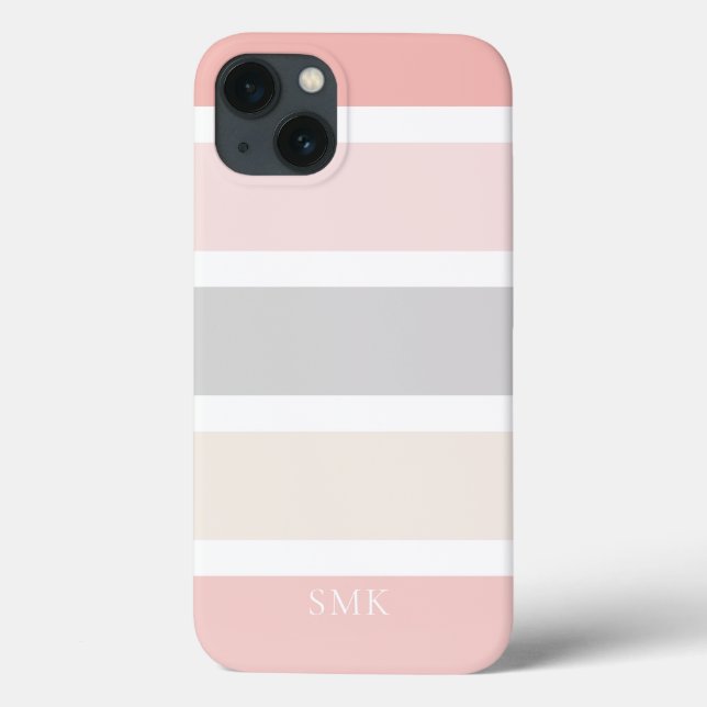 Simple Modern Pink Grey Cream Stripes Monogram Case-Mate iPhone Case (Back)