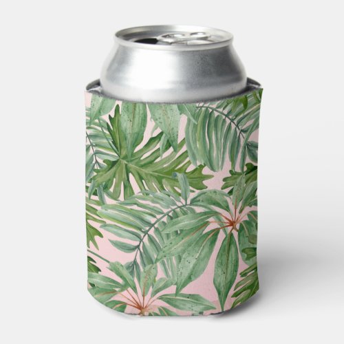 Simple Modern Pink Palm Leaf Tropical Floral  Can Cooler