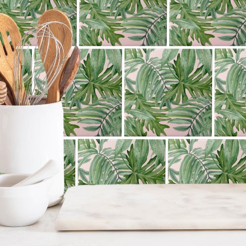 Simple Modern Pink Palm Leaf Tropical Floral  Ceramic Tile