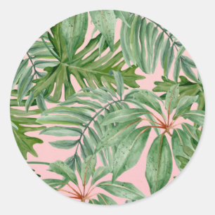 Simple Modern Pink Palm Leaf Tropical Floral Classic Round Sticker