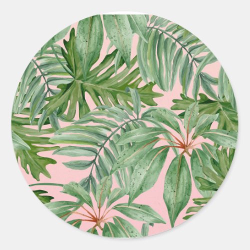 Simple Modern Pink Palm Leaf Tropical Floral  Classic Round Sticker