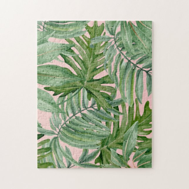 Simple Modern Pink Palm Leaf Tropical Floral  Jigsaw Puzzle (Vertical)
