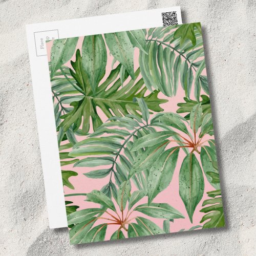 Simple Modern Pink Palm Leaf Tropical Floral  Postcard