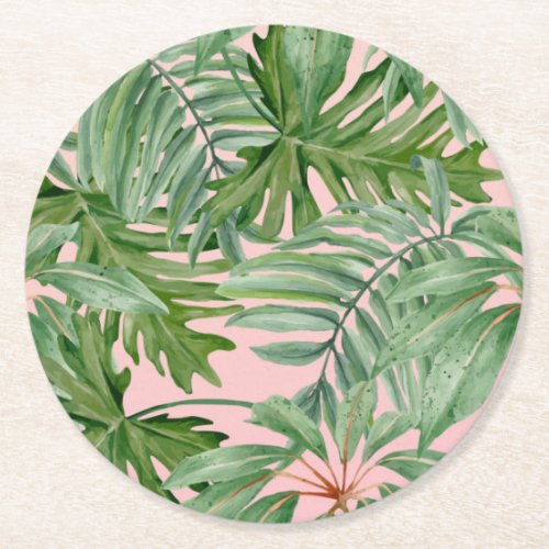 Simple Modern Pink Palm Leaf Tropical Floral  Round Paper Coaster