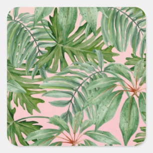 Simple Modern Pink Palm Leaf Tropical Floral Square Sticker