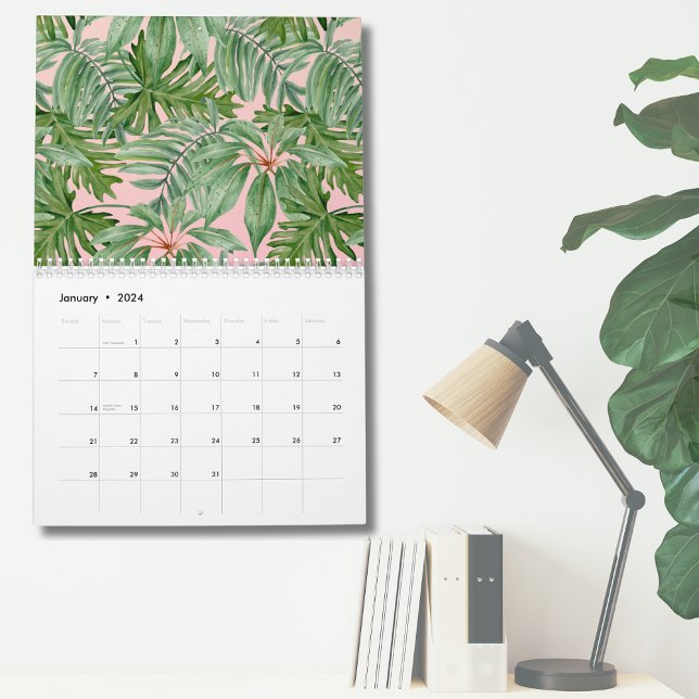 Simple Modern Pink Palm Tropical Leaves Wall Calendar (Simple Modern Pink Palm Leaf Tropical Floral Wall Calendar)