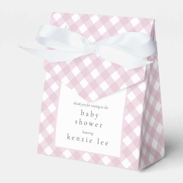 Simple Modern Pink Plaid Bow Baby Shower Favor Boxes (Front Side)