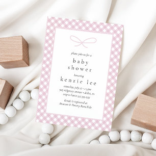 Simple Modern Pink Plaid Bow Baby Shower Invitation