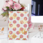 Simple Modern Pink Polka Dots Hello Foil Greeting Card<br><div class="desc">Simple and sweet,  this modern design has a feminine chunky pink polka dots pattern with real gold fold "hello" handwritten script scattered in a pattern. This card design is a great choice for keeping in touch,  sharing news,  or simply saying hello.</div>