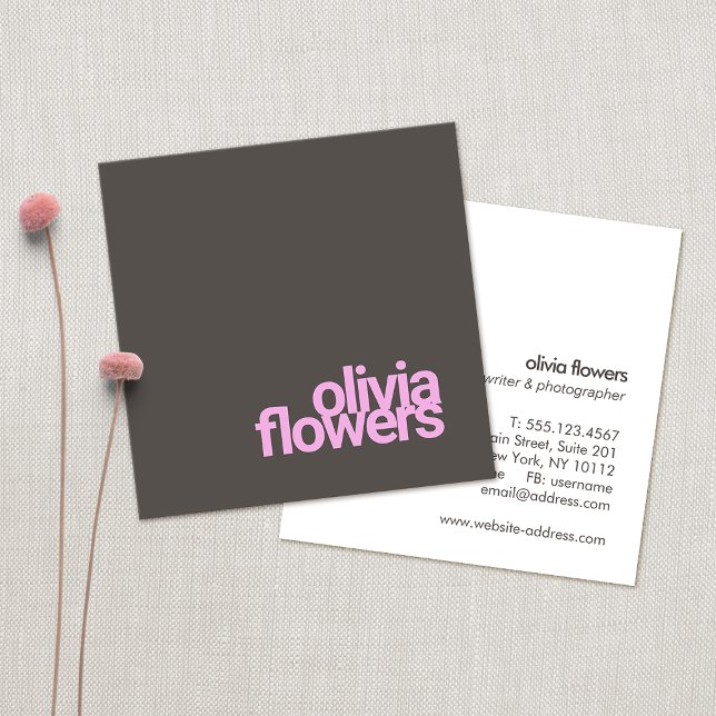 Simple Modern Pink Typography  Taupe Brown Square Business Card (Creator Uploaded)