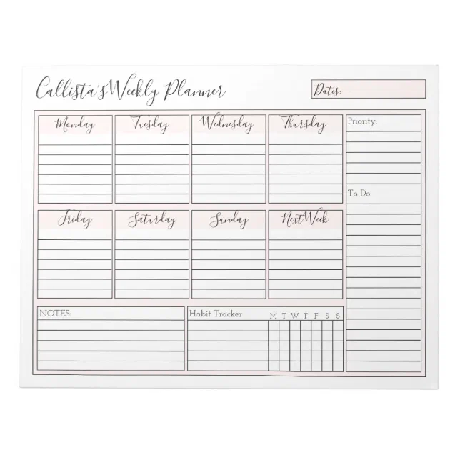 Simple Modern Pink White Weekly Custom Planner Notepad | Zazzle