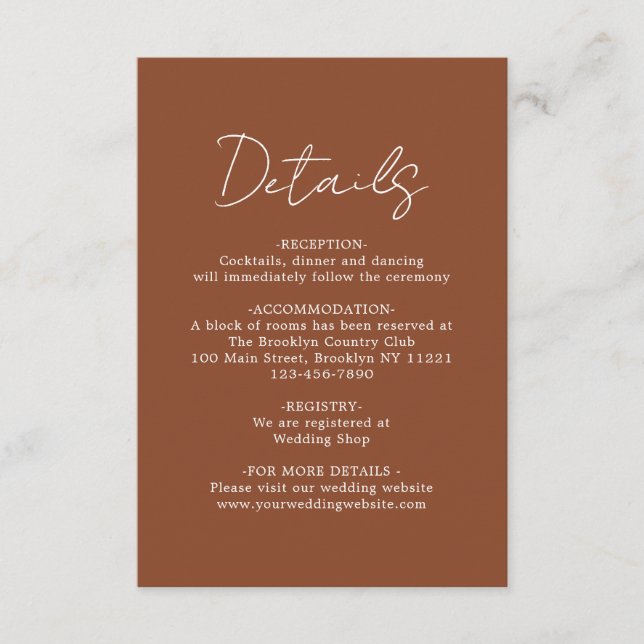 Simple Modern Plain Terracotta Wedding Details Enclosure Card (Front)
