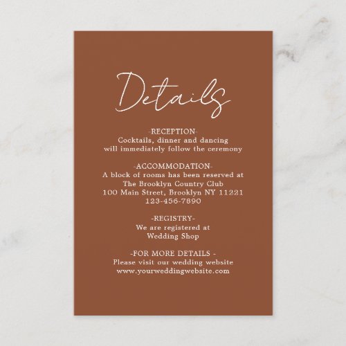 Simple Modern Plain Terracotta Wedding Details Enclosure Card