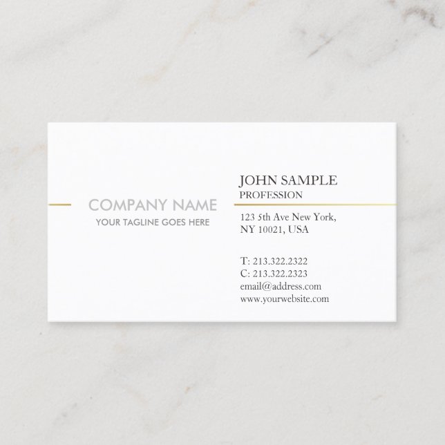 Simple Modern Professional Elegant White Gold Business Card (Front)