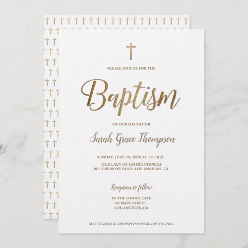 Simple Modern Pure White Gold Cross Girl Baptism Invitation
