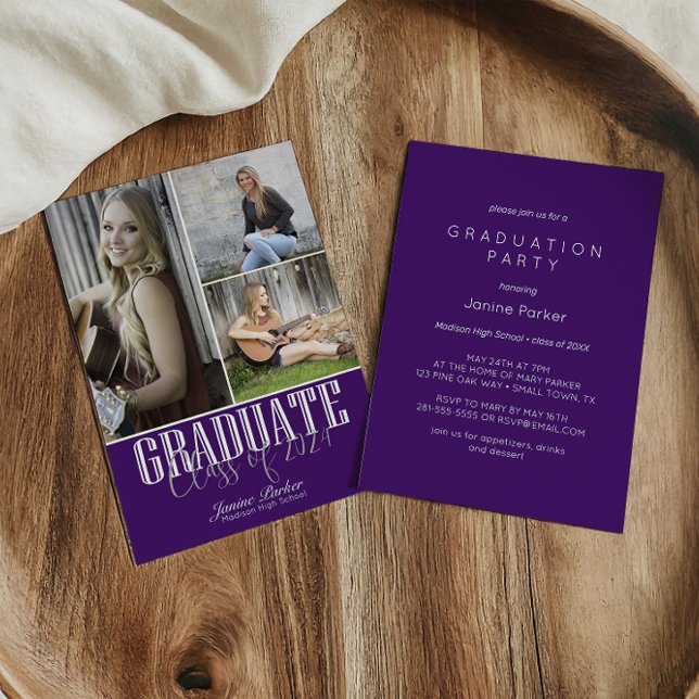 Simple Modern Purple Photo Graduation Party Invitation (Creator Uploaded)