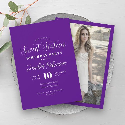 Simple Modern Purple Photo Sweet 16 Sixteen  Invitation