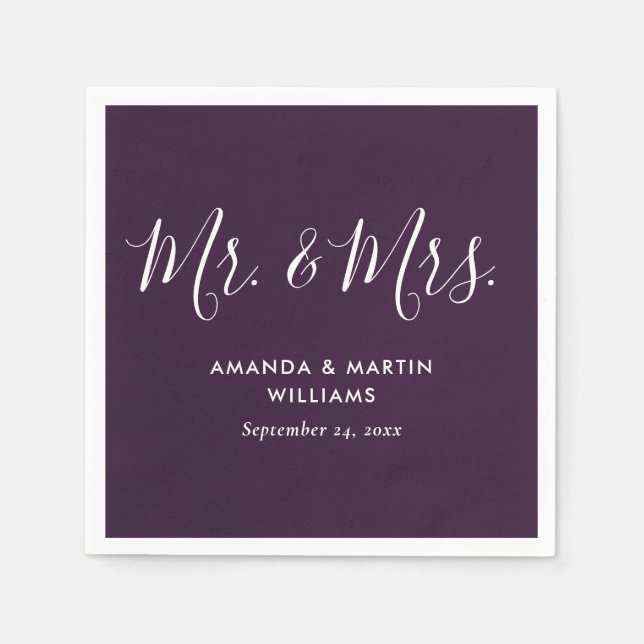 Simple Modern Purple Script Wedding Napkins (Front)