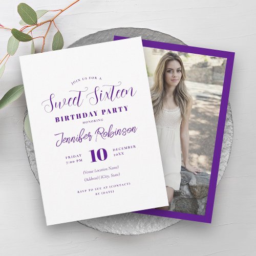 Simple Modern Purple White Photo Sweet 16 Sixteen  Invitation