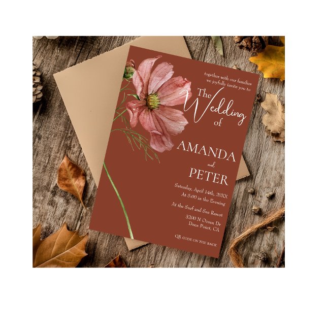 Simple Modern QR code Floral Terracotta Wedding  Invitation (Creator Uploaded)