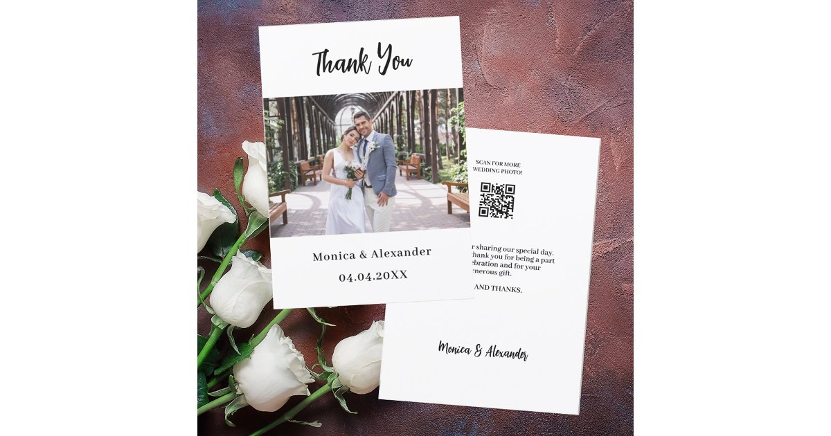 Simple modern QR code wedding photo thank you card | Zazzle