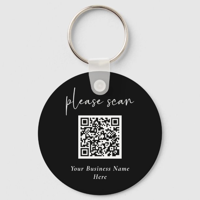 Simple Modern QR Code with Business Name | Black Keychain (Front)