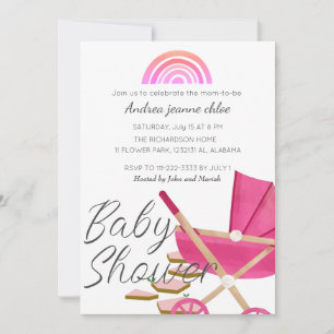 Simple Modern Rainbow pink stroller Baby Shower Invitation