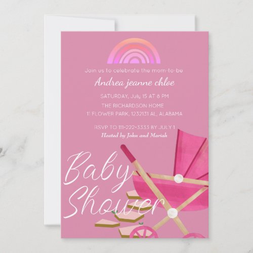 Simple Modern Rainbow pink stroller Baby Shower Invitation
