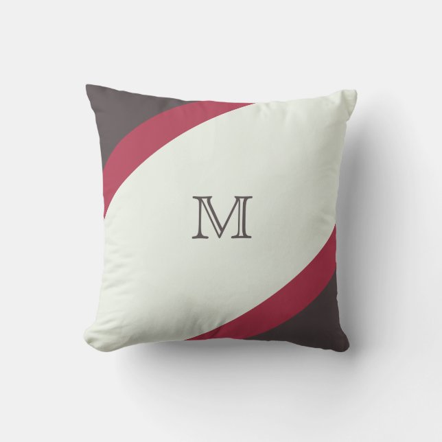 Simple Modern Red and Brown Striped Monogram Throw Pillow (Front)