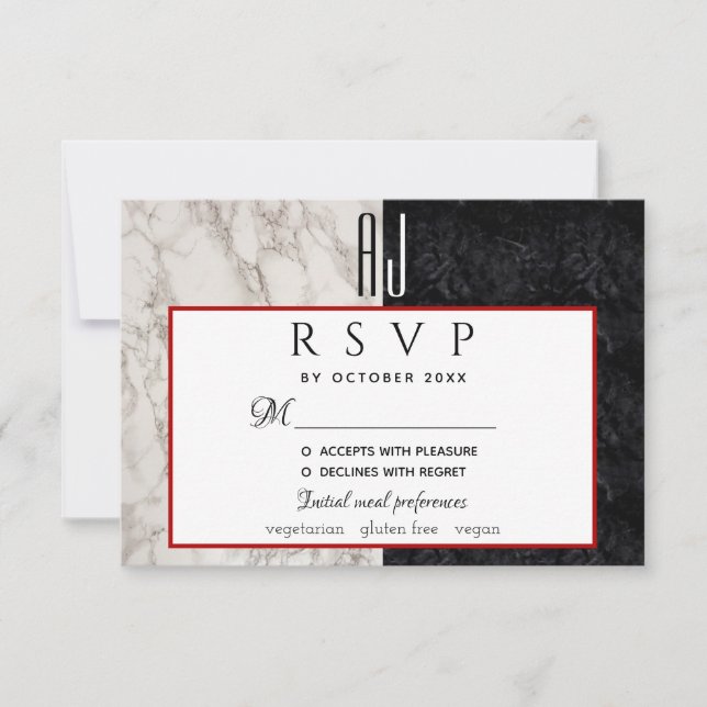 Simple Modern Red Black and White Marble Wedding RSVP Card (Front)