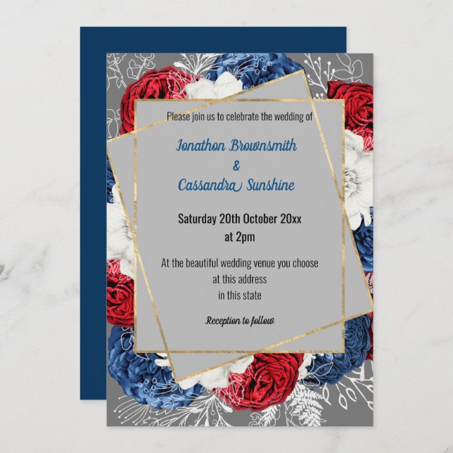 SIMPLE MODERN RED BLUE GREY FLORAL WEDDING INVITATION (Front/Back)