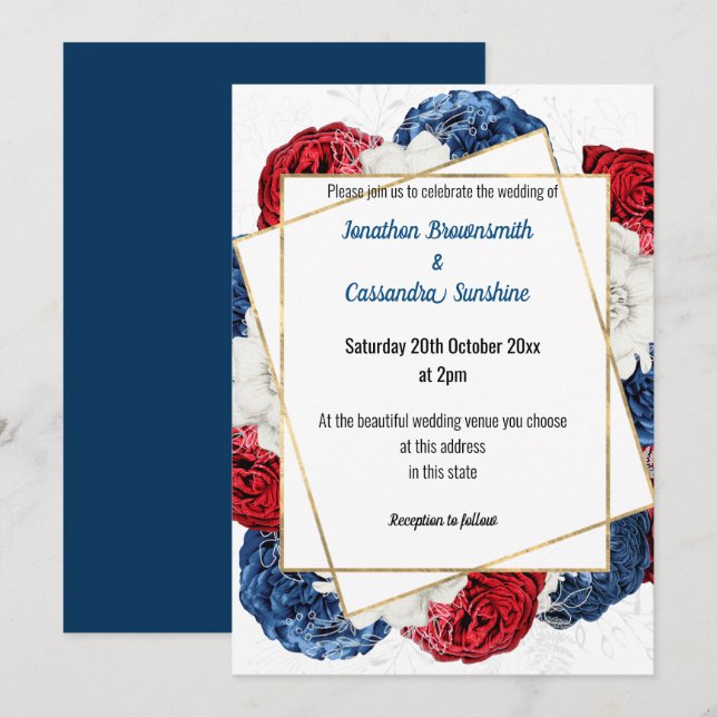 SIMPLE MODERN RED BLUE GREY FLORAL WEDDING WHITE INVITATION (Front/Back)