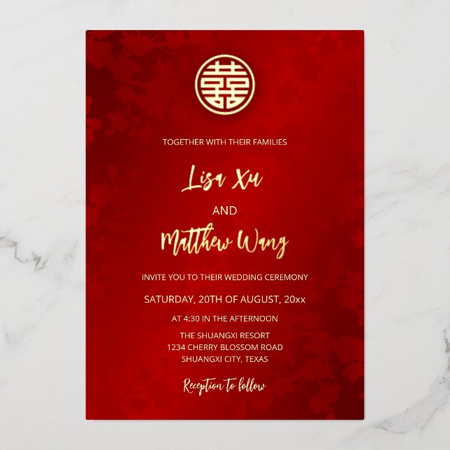  Simple Modern Red Chinese Wedding Foil Invitation (Front)