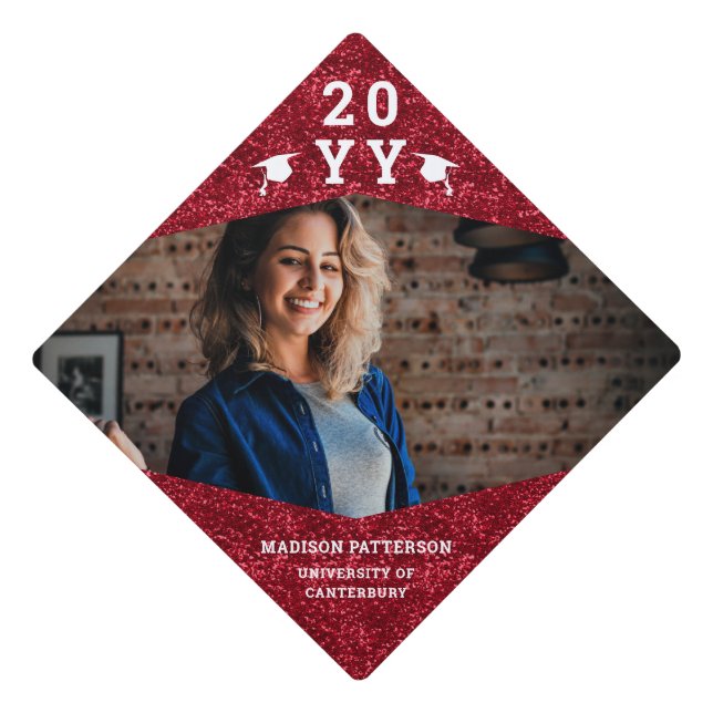Simple Modern Red Glitter Grad Photo Year Graduation Cap Topper (Front)