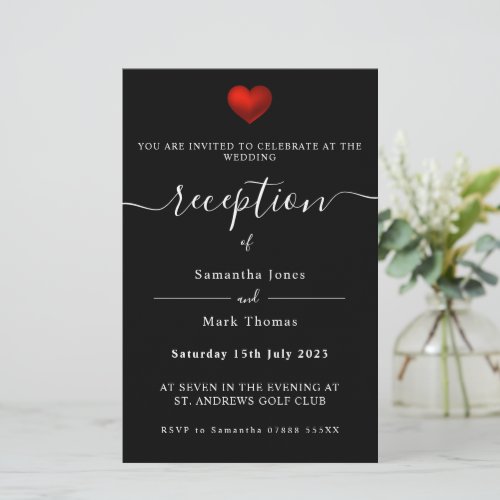 Simple Modern Red Heart Black Reception Invitation Stationery