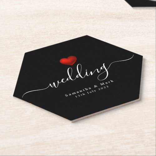 Simple Modern Red Heart Black Wedding Paper Coaster