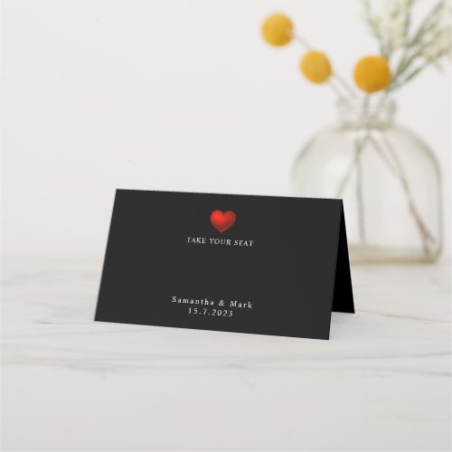 Simple Modern Red Heart Black Wedding Place Card