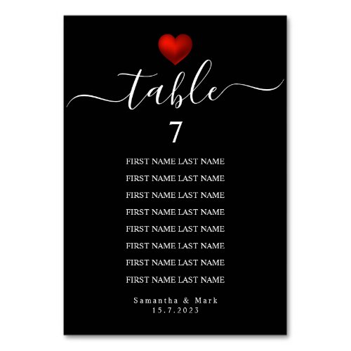 Simple Modern Red Heart Black Wedding Table Number