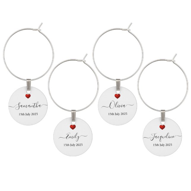 Simple Modern Red Heart Wedding Wine Charm (Staggered)