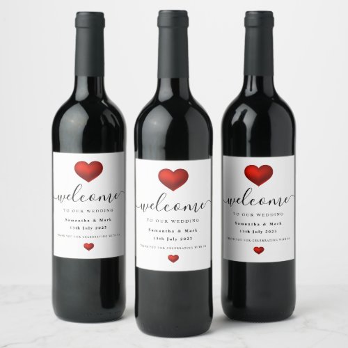 Simple Modern Red Heart Wedding Wine Label