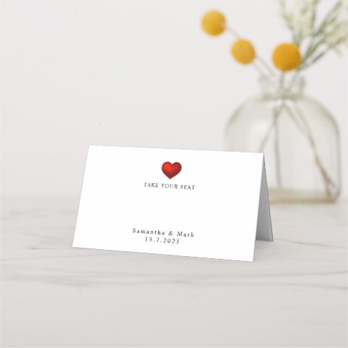 Simple Modern Red Heart White Wedding Place Card