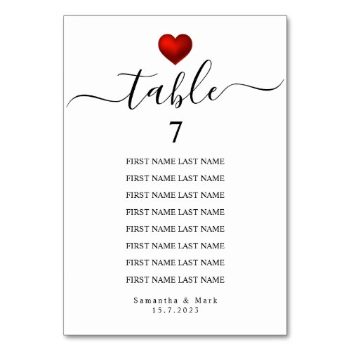 Simple Modern Red Heart White Wedding Table Number