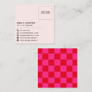 Simple Modern Red Pink Checker Checkerboard Logo Square Business Card