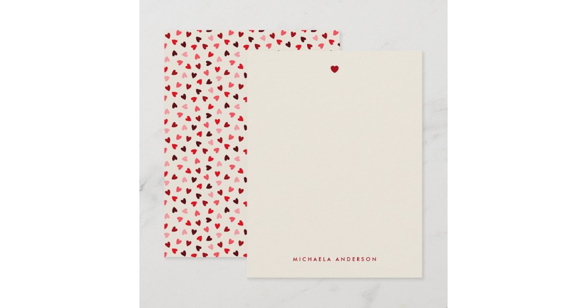 Red Heart Note Card Simple Modern Red & Pink Hearts Custom Name Note Card | Zazzle