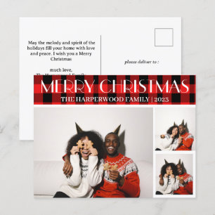 Simple Modern Red Plaid Christmas Family 3 Photo Holiday Postcard