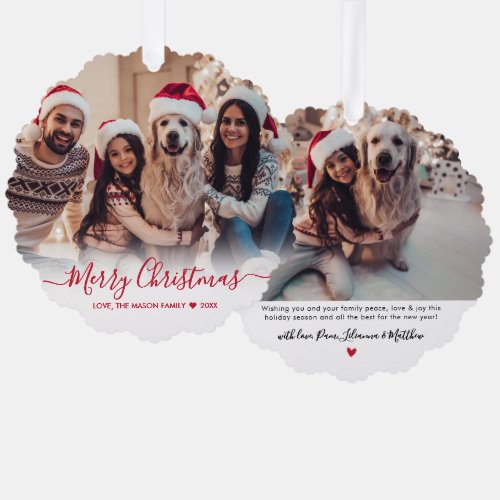 Simple Modern Red Script 2 Photo Christmas Ornament Card
