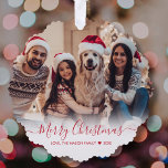 Simple Modern Red Script 2 Photo Christmas Ornament Card<br><div class="desc">Modern Cute Minimalist Red Script 2 Photo Merry Christmas Script Holiday Ornament Card. This festive, simple minimalist, whimsical two photo holiday greeting card template features „Merry Christmas” greeting text which is written in a hand lettered swirly swash-tail font gold calligraphy script photo overlay. On the back side with your greeting...</div>