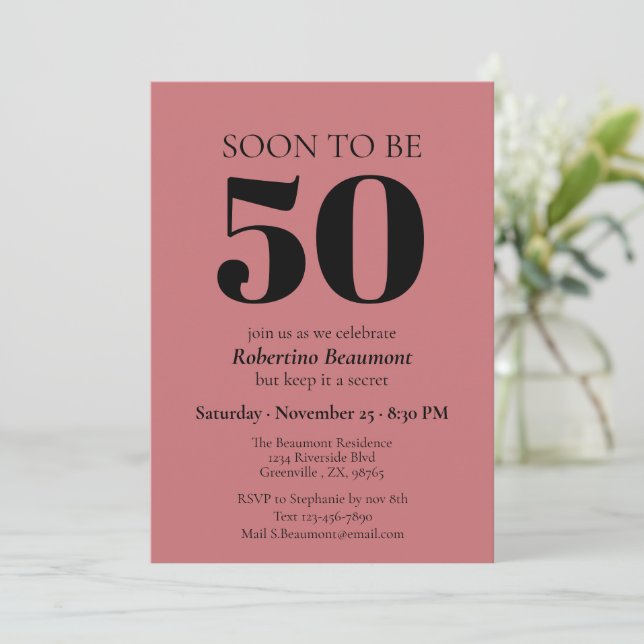Simple Modern Red Surprise 50th Birthday Party Invitation (Standing Front)