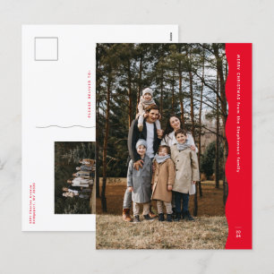 Simple modern red two-photo wavy edge Christmas Holiday Postcard