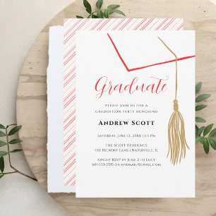 Simple Modern Red & White Gold Tassel Grad Invite